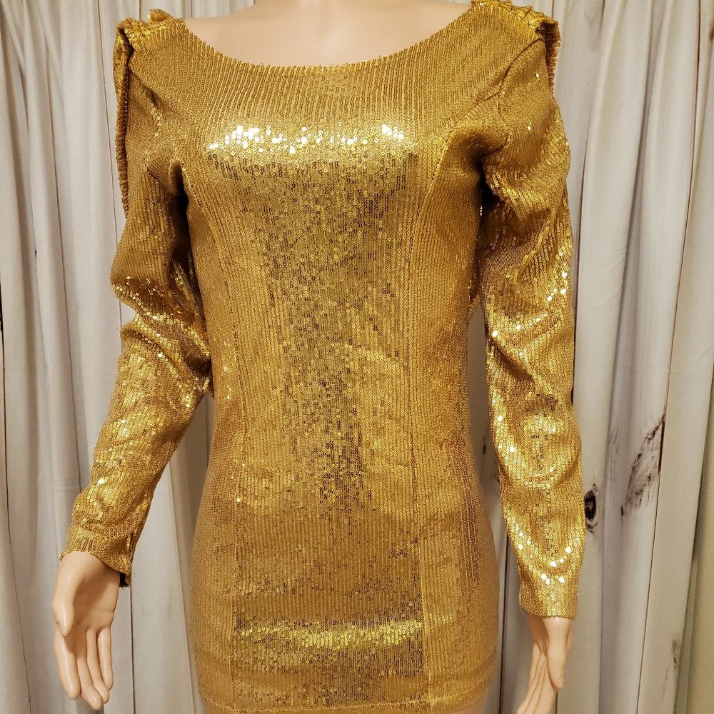 Gold sequin backless mini dress with cape